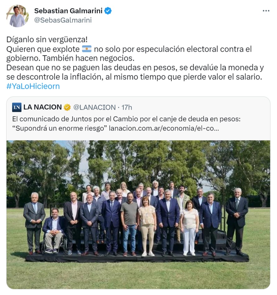 FRENTE RENOVADOR ACUSA A JXC DE QUERER QUE «EXPLOTE ARGENTINA POR ESPECULACIÓN ELECTORAL Y NEGOCIOS»